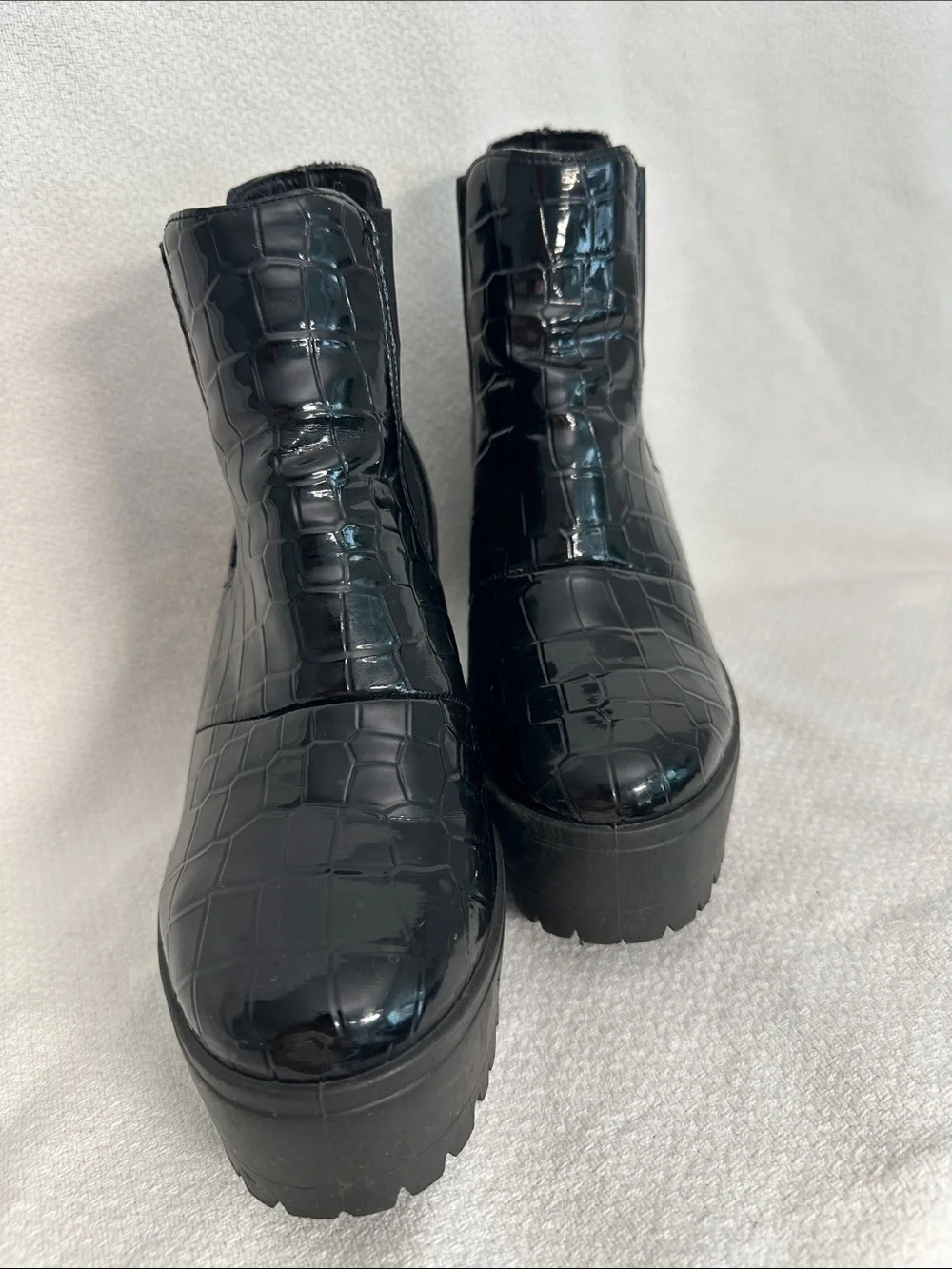 Topshop Black Croc-Embossed Platform Ankle Boots